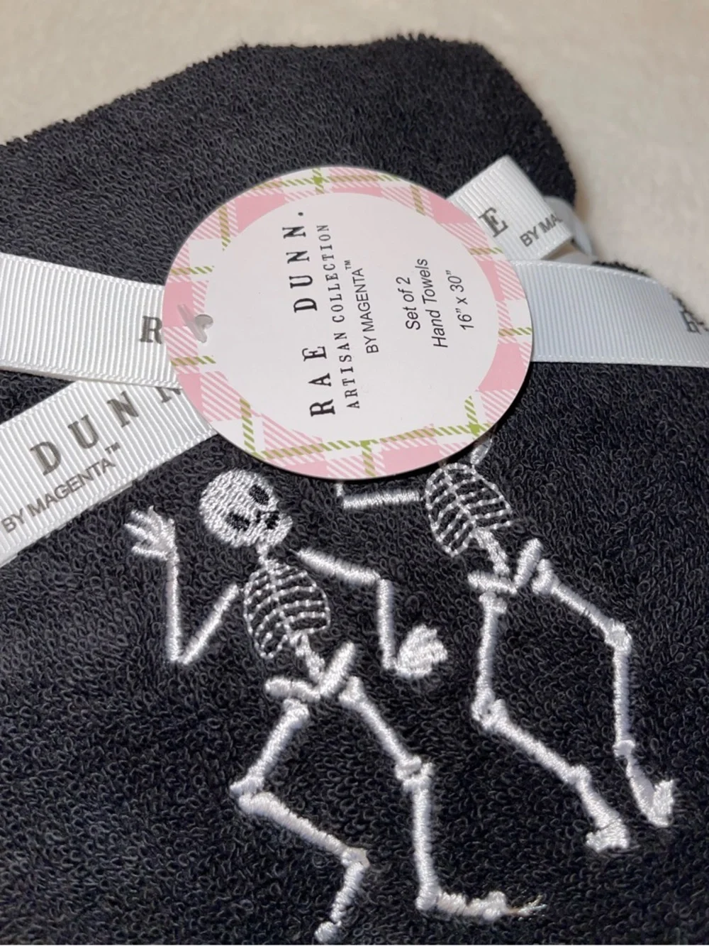 TWO SETS of 2 - Rae Dunn Black Halloween Skeleton Hand Towels - NWT